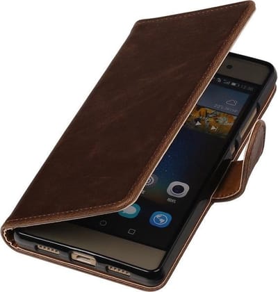 Donkerbruin vintage lederlook bookcase voor de Huawei P9 lite