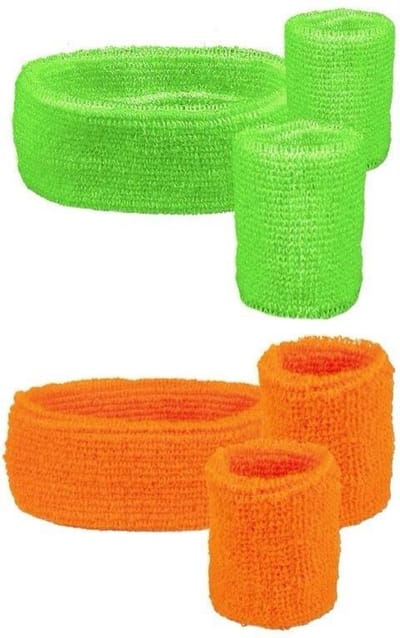 4 Sets zweetbandjes - 2 polsbandjes, 1 hoofdband - 2x neon oranje + 2x neon groen - Festival - Beach party - fout feest