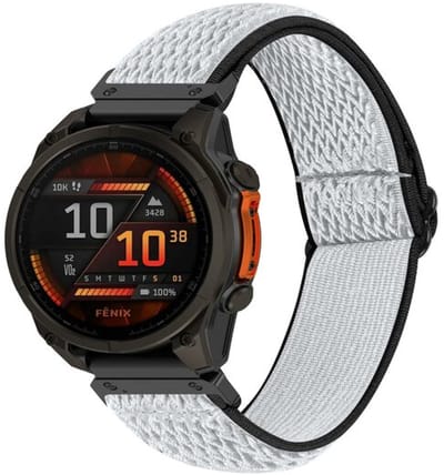 By Qubix - Geschikt voor Garmin bandje - 26mm Quickfit - Elastische Solo Loop nylon bandje - Wit met zwart - Geschikt voor Garmin Epix Pro Gen 2 (51mm) / Quatix 7X / 6X & Tactix 7 (pro)