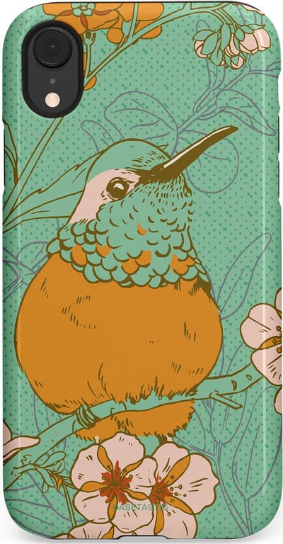 Casetastic hoesje geschikt voor Apple iPhone XR - Dubbellaagse bescherming - Bloesem Kolibrie - Fashion Case - Mintgroen Okergeel Zand