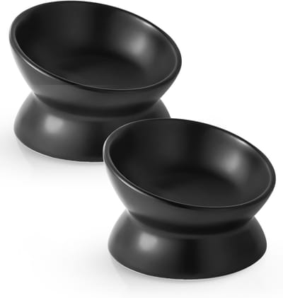 QTTVBTNA – Voerbak - Verhoogde Kattenvoerbak Set van 2 – Keramische Gekantelde Voer- en Waterbak 5 oz – Voerbakje – Comfortabele Eethoogte – Geschikt voor Katten, Kittens en Kleine Honden – Stabiel, Duurzaam & Makkelijk Schoon te Maken – Zwart