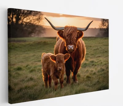 Saammp Canvas Schilderij - Schotse Hooglander Koe tussen de roze bloesem - Dieren - Natuur - 60x40 - Foto op canvas - Wanddecoratie - muurdecoratie Woonkamer - Slaapkamer decoratie - Canvas Print