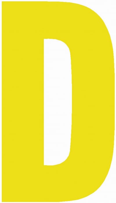 Lettersticker D GEEL 10x5cm, plakletter, huisnummersticker, toevoeging huisnummer