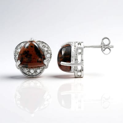 Cavill - Elegante Zilveren Oorbellen 925 Sterling - Mahonie Obsidiaan 6,36 ct Triljant Cabochon - 18 Zirkoon 0,283 ct