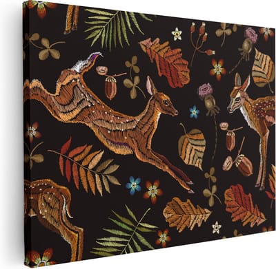 Artaza Canvas Schilderij Herten Borduurstijl - 40x30 cm - Klein - Muurdecoratie Bloemen - Wanddecoratie Herfst - Kamer Accessoires