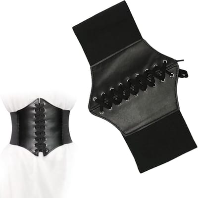 Zwart Leren Piraten Corset voor Dames met Ribbons en Retro Elastische Riem, Ideaal voor Kostuums en Avondjurken