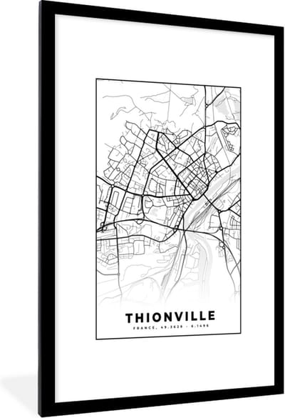 Fotolijst incl. Poster Zwart Wit- Frankrijk - Thionville - Plattegrond - Stadskaart - Kaart - Zwart wit - 80x120 cm - Posterlijst