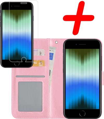 Hoesje Met Screenprotector - Geschikt voor Apple iPhone SE (2022) - Luxe Pasjeshouder - Bookcase Portemonee - Flip Case - Kunstleer Book Case - Flipcase - Book Cover - Walletcase - Portemonneehoes - Lichtroze