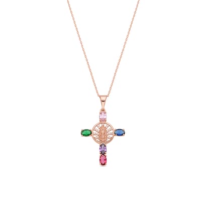 Luxenter ketting in metaallegering en multicolor zirkonia, afgewerkt in 18 karaat roségoud - Kruis