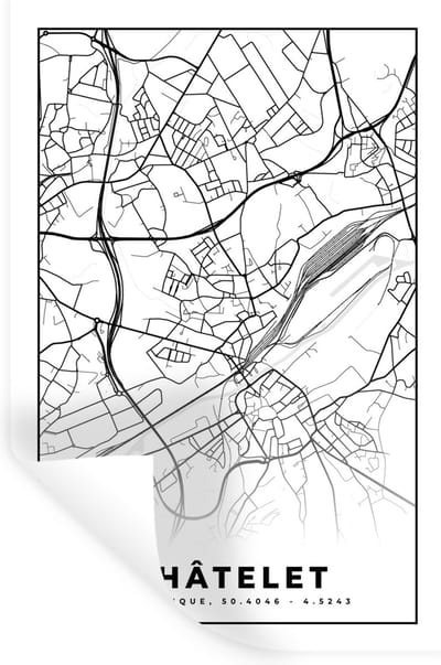 Muurstickers - Sticker Folie - Zwart Wit – België – Plattegrond – Stadskaart – Kaart – Châtelet - 20x30 cm - Plakfolie - Muurstickers Kinderkamer - Zelfklevend Behang - Zelfklevend behangpapier - Stickerfolie
