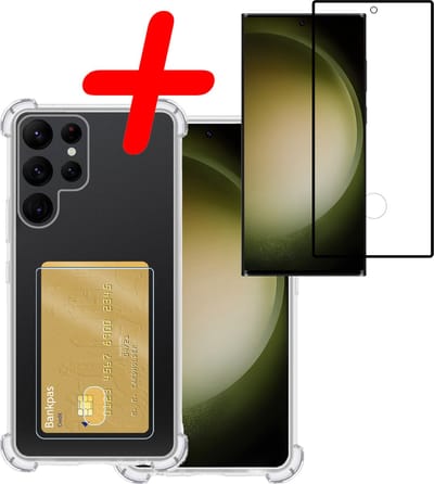 Hoesje Geschikt voor Samsung Galaxy S23 Ultra - Met Screenprotector - En Pashouder - En Kaarthouder - Telefoon Hoes Shockproof - Siliconen Case - Back Cover - Shock Proof - Pasjes Houder - Transparant