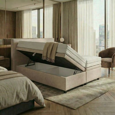 Mörgenn Opbergboxspring Havn met klep - Zonder Matras - Beige - 90x200 cm - Inclusief Dekbed en Kussens