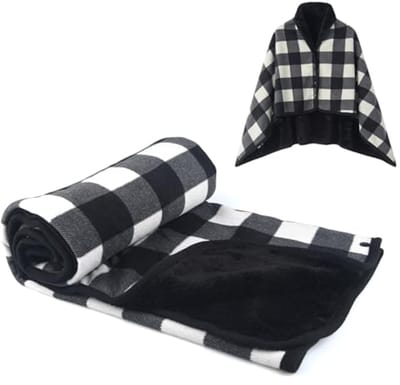 Fleece Draagbare Dekentje, Comfortabele Poncho Plaid met Knopen voor Sofa en Bed, Zwart en Wit