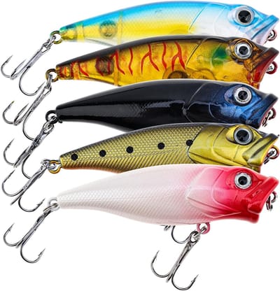 Vijf Kleurige Topwater Lures met 3D Ogen voor Baarsvissen - Hard Bait voor Effectieve Vangsten