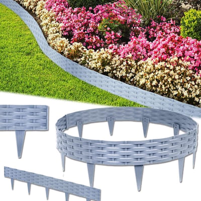 Kunststof Gazonrand - Tuinpalissade Bloemhek - Tuinranden Afscheiding - Rotan-look Design - 50 Meter Lengte - Grijs