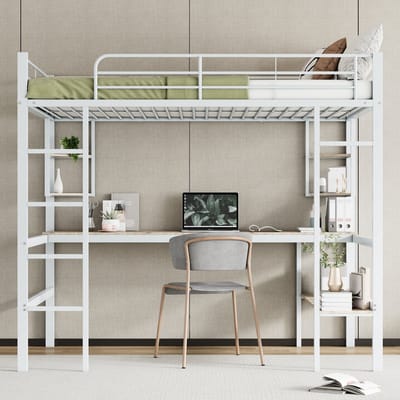Hoogslaper - 140x200 cm met bureau - geen matras - met vier kleine boekenplanken en een grote boekenkast - wit