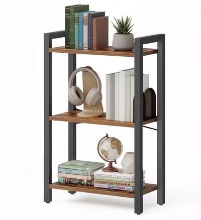 Bijzettafel Industrieel 3-Laags – Opbergrek met Houten Planken en Metalen Frame – 76 cm Hoog – Voor Woonkamer & Kantoor