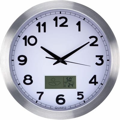 Ronde Wandklok met LCD Display, Thermometer, Hygrometer en Weersvoorspelling