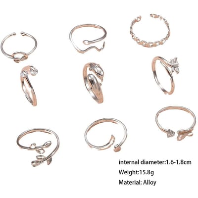 Mix en match van meerdere elementen, veilige knoopvoetring, dames hartvormige ring met open mond, modieuze en high-end voetjuwelen. 9PCS zilver