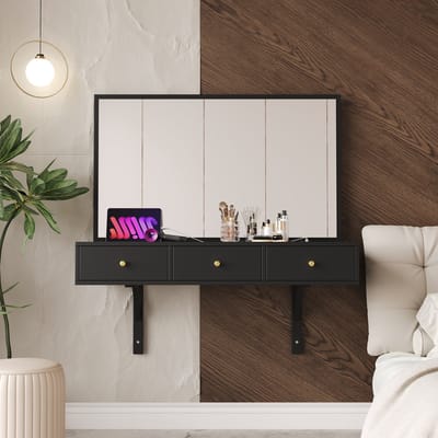REDOM - Schminktafel - Met spiegel en stopcontacten - Met 3 lades, tablet- en bekerhouder - 100x45x105 cm zwart