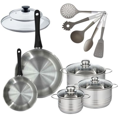 Set van 2 Pannen 20/28 cm Fackelmann Geneva met 3 Braadpannen 16/20/24 cm en 5 keukengerei