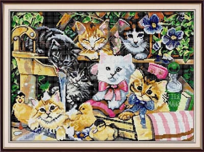 Gemakkelijke Kruissteek Kits met Patronen voor Volwassenen - Pre Gedrukt Borduurwerk van Katten voor DIY Kunstwerk en Muurdecoratie Thuis
