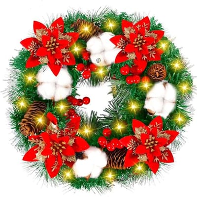 Equivera Kerstkrans met Verlichting - Kerstversiering - Adventskrans - Kerst Decoratie - Kerstdecoratie - Kerstkrans - Kerstslinger met Verlichting - Kerstkrans Voordeur - Kerstkrans met Verlichting Buiten - Kerstkrans met Lampjes voor Buiten