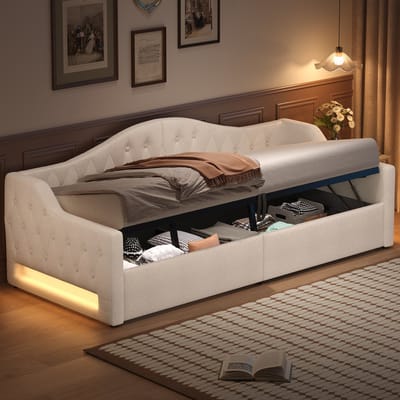Wishdor Gestoffeerd Bedbank 90x200 cm - Opbergruimte Onder Bed - LED 7 Kleuren - Linnen - Beige