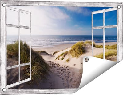 Gards Tuinposter Doorkijk Strand en Duinen - 60x40 cm - Tuindoek - Tuindecoratie - Wanddecoratie buiten - Tuinschilderij