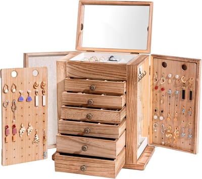 Grote juwelendoos, 7-laags houten sieradenhouder met spiegel voor oorbellen, armband, ketting en horlogering - bruin