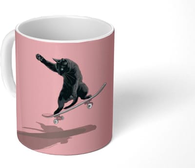 Mok - Koffiemok - Kat - Skateboard - Roze - Mokken - 350 ML - Beker - Koffiemokken - Theemok