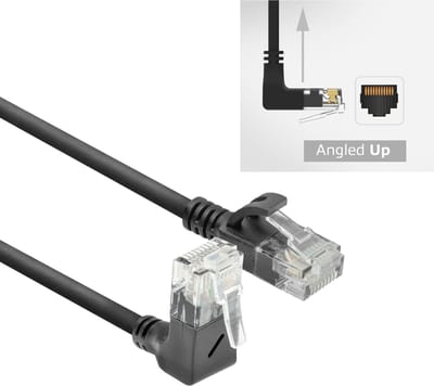ACT Zwarte 1 meter U/UTP CAT6A LSZH slimline patchkabel met RJ45 connectoren, recht naar 90° haaks boven DC4901