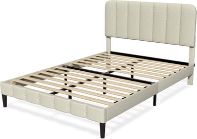 Elekiatech Bed - Tweepersoonsbed 140x200 cm - Met Grijs Canvas Hoofdbord - Verstevigd Stalen Frame - Massief Houten Lattenbodem - Draagvermogen 400 kg - Beige/Grijs