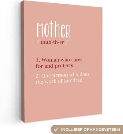 Canvas schilderij 30x40 cm - Wanddecoratie Mother - Mama definitie - Quotes - Woordenboek - Spreuken - Muurdecoratie woonkamer - Slaapkamer decoratie - Kamer accessoires - Schilderijen - Moederdag cadeautje - Cadeau voor moeder - Tekstbord