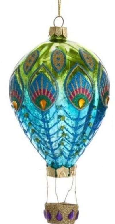 Kerstbal Heteluchtballon Pauw – Groen-blauw glazen ornament van Kurt Adler