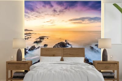 Behang - Fotobehang Zonsondergang - Horizon - Water - Landschap - Blauw - Breedte 240 cm x hoogte 240 cm