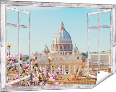 Gards Tuinposter Doorkijk Sint Pietersbasiliek in Rome met Bloemen - 120x80 cm - Tuindoek - Tuindecoratie - Wanddecoratie buiten - Tuinschilderij