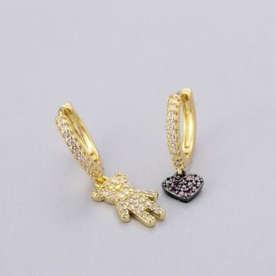 925 Sterling Zilver Micro Zirkoon Beer Hart Hoop Oorbellen Vrouwelijk Schattig Licht Luxe Handgemaakt Asymmetrisch Sieraden goud