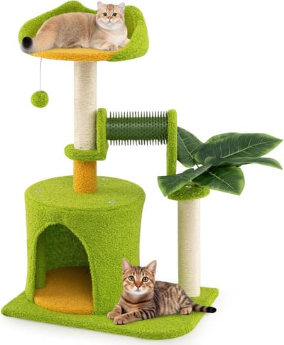 COSTWAY Krabpaal klein, kattenboom met kattenmand, kunstmatige bladeren, kattenborstel, ligstoel, sisal-krabpaal & bal, klimboom, katten, kattenkrabpaal, 48 x 33 x 79 cm, groen + oranje