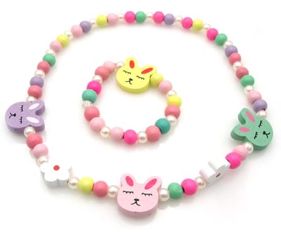 Houten kinderketting en armband voor meisjes met konijntjes, pareltjes en bloemen zachte kleuren multicolor