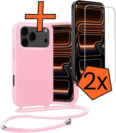Hoesje Geschikt voor iPhone 17 Pro / 18 Pro Hoes Met Telefoonketting Met 2x Screenprotector - Backcover Geschikt voor iPhone 17 Pro / 18 Pro Case Met Koord - Lichtroze