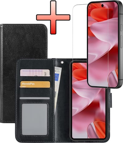 Hoesje - Met Screenprotector - Geschikt voor Google Pixel 10 - Luxe Pasjeshouder - Bookcase Portemonee - Flip Case - Kunstleer Book Case - Flipcase - Book Cover - Walletcase - Portemonneehoes - Zwart