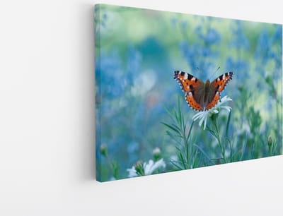 Saammp Canvas Schilderij - Vlinder tussen de bloemen - Blauw - Dieren - Natuur - 30x20 - Foto op canvas - Wanddecoratie - muurdecoratie Woonkamer - Slaapkamer decoratie - Canvas Print