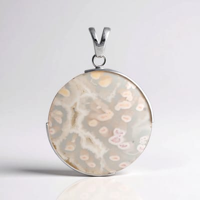 Cavill - 925 Sterling Zilver Hanger met 4.3 Ct Witte Agaat - Ronde Cabochon - Bali Barong Filigraan - Elegante Natuurlijke Edelsteen Sieraden