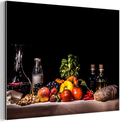Aluminium schilderij 80x60 cm - Wanddecoratie metaal - Stilleven - Eten - Drinken - Fruit - Zwart - Metalen muurdecoratie woonkamer - Decoratie industrieel - Foto op dibond - Industriële accessoires slaapkamer