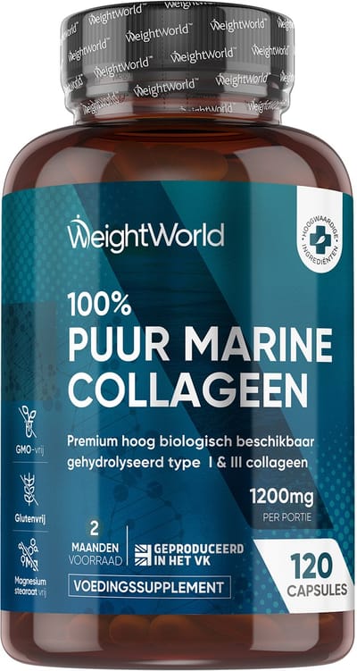 WeightWorld Marine Collageen - 100% puur - 1200 mg - Gehydrolyseerd viscollageen type 1 en 3 - Gemaakt in het Verenigd Koninkrijk - 120 capsules voor 2 maanden