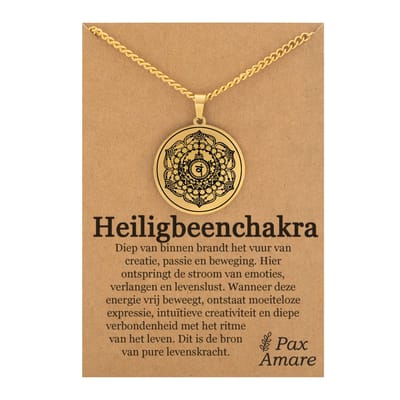 Heiligbeen Chakra (Svadhisthana) Ketting op Cadeau Kaartje - Goudkleurig Talisman - Roestvrij Staal - Spiritueel Cadeau - Pax Amare