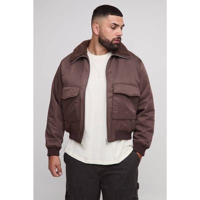 Plus Regular Fit Boucle Borg Collar Nylon Bomber Jacket | Chocolate | Size 2XL