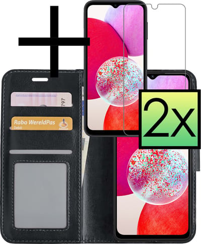 Hoesje - Met 2x Screenprotector - Geschikt voor Samsung Galaxy A14 - Luxe Pasjeshouder - Bookcase Portemonee - Flip Case - Kunstleer Book Case - Flipcase Hoes - Book Cover - Walletcase - Portemonneehoes - Zwart
