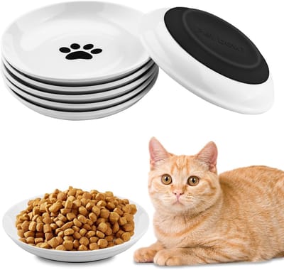 Famanu - Kattenbak, keramiek, 6-delig, keramische voerbak voor katten, met antislip rubberen onderkant, platte kom voor kittens en puppy's